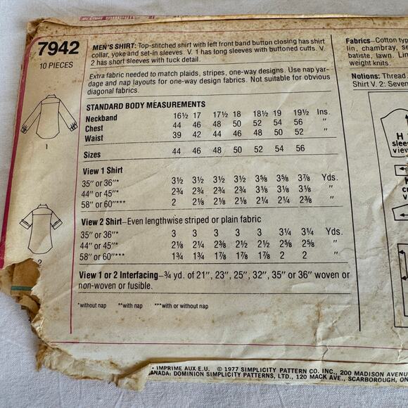 Simplicity 7942 Sewing Pattern Mens Dress Shirt Size 44,46,48,50 c.1977 - Picture 3 of 4